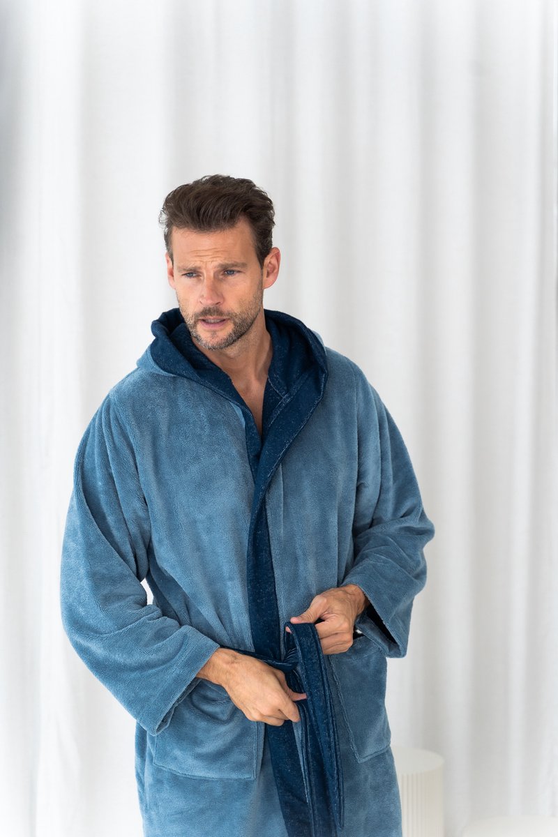 Casilin - Badjas in 2 kleuren -Teddy voor Dames en Heren - Maat M - Voor Volwassen - Met kap- Met capuchon - Badstof, Fleece, Katoen - Absorberend - blauw