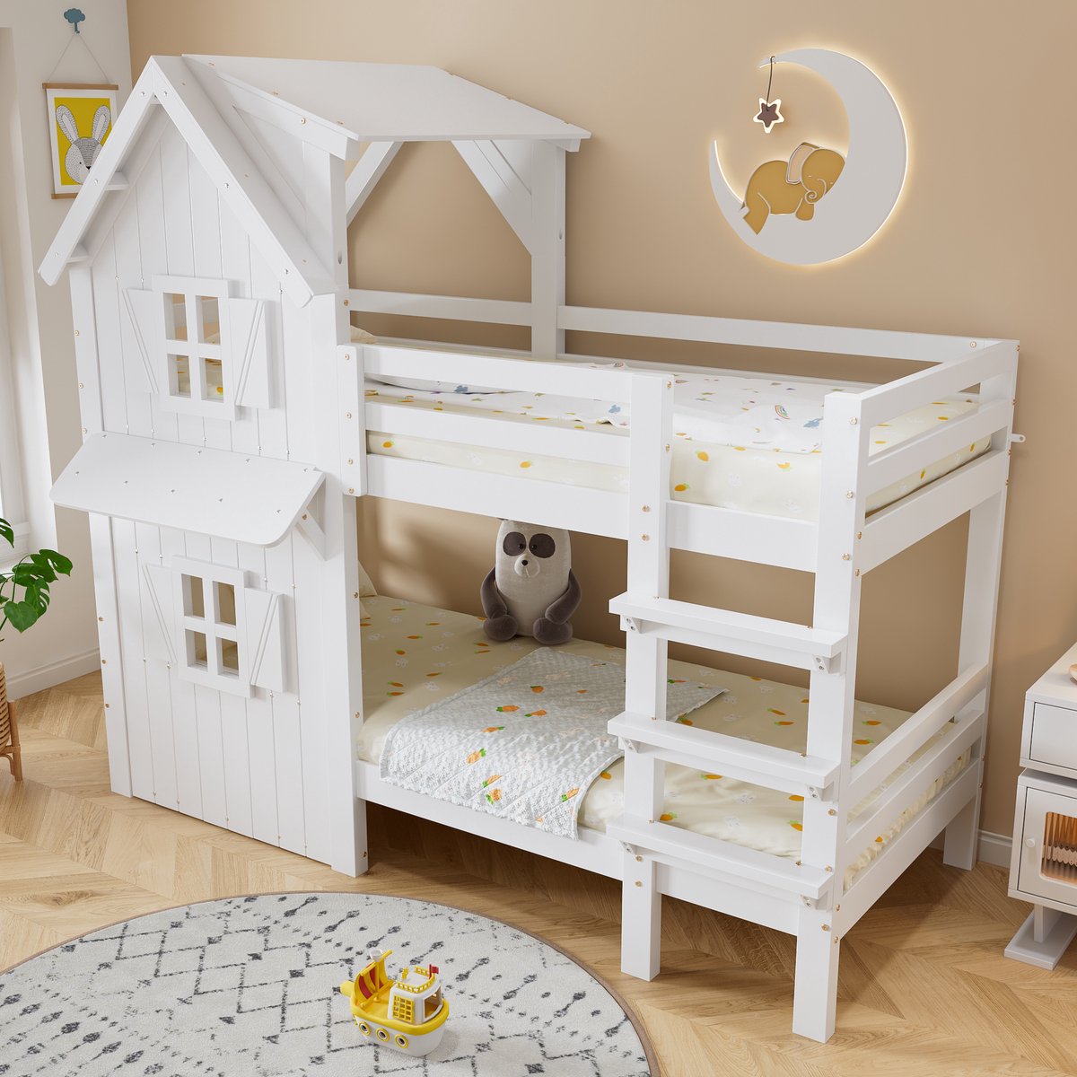 REDOM Kinderbed speelhuis 90x200 cm – Wit – Met dak, ramen & 3-treden rechte ladder – Massief hout
