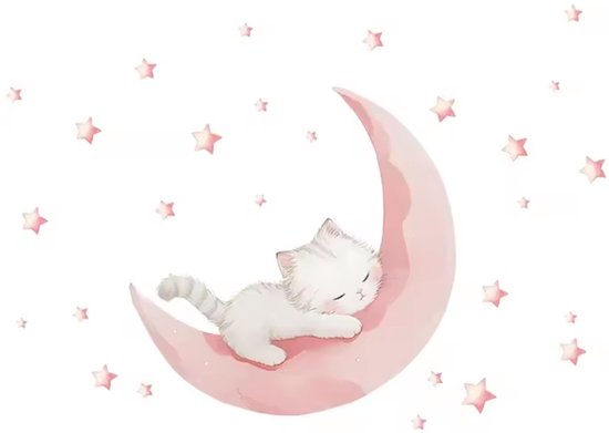 Chat blanc dormant sur un croissant de lune rose, entouré d'étoiles roses.