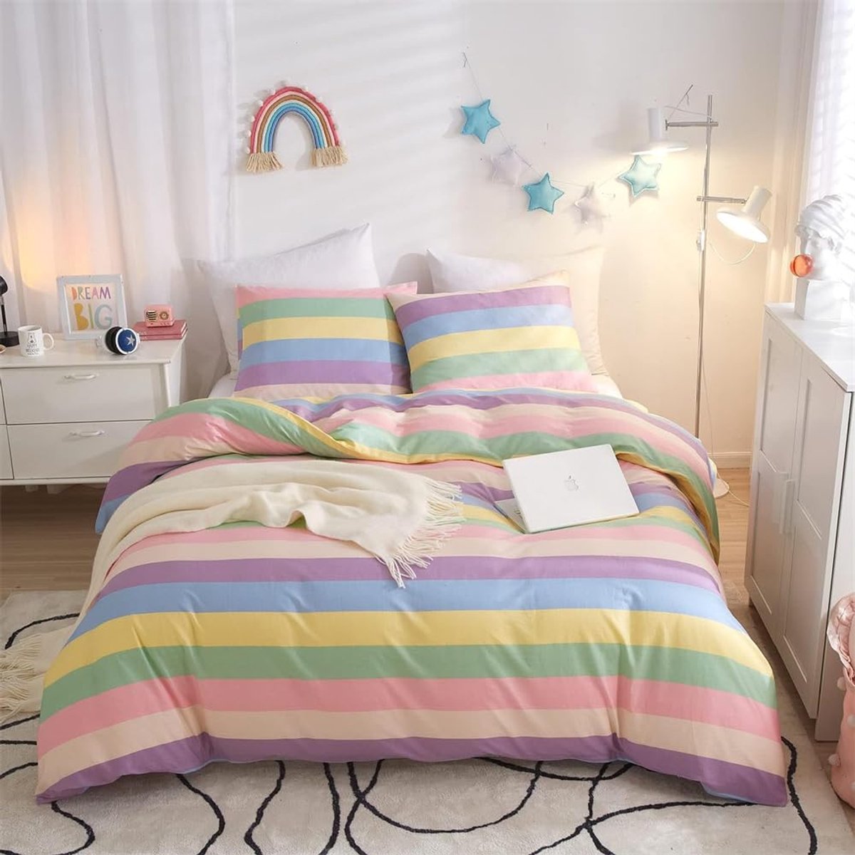 Unyqoos Kleurrijk kinderbeddengoed met regenboogstrepen en kussensloop