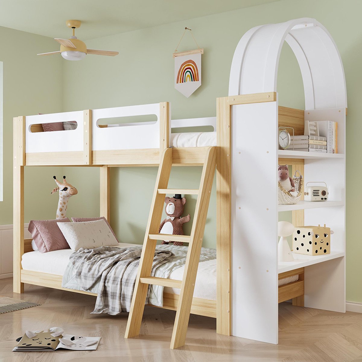 BLACKCOLORS Stapelbed, kinderbed, met plank met drie niveaus, veiligheidshek, ladder met drie treden, stevige lattenbodems, grenen + MDF + multiplex, wit + naturel, 90 x 200 cm