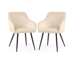 Set van 2 Eetkamerstoelen VELTO met Armleuningen / Gestoffeerde Stoelen / Fluwelen Stoelen en Metalen Poten / Beige met zwarte benen