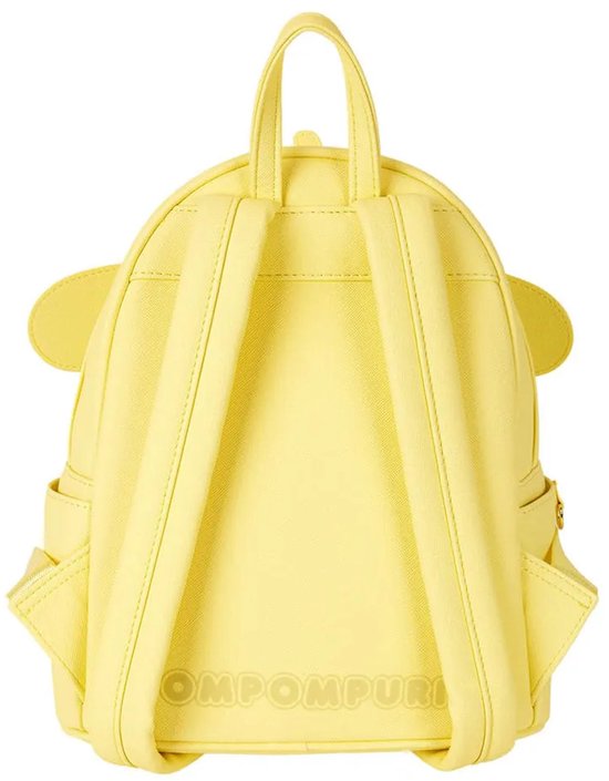 Achterkant van gele mini-rugzak met Pompompurin oren, gouden rits en opdruk "POMPOMPURIN".