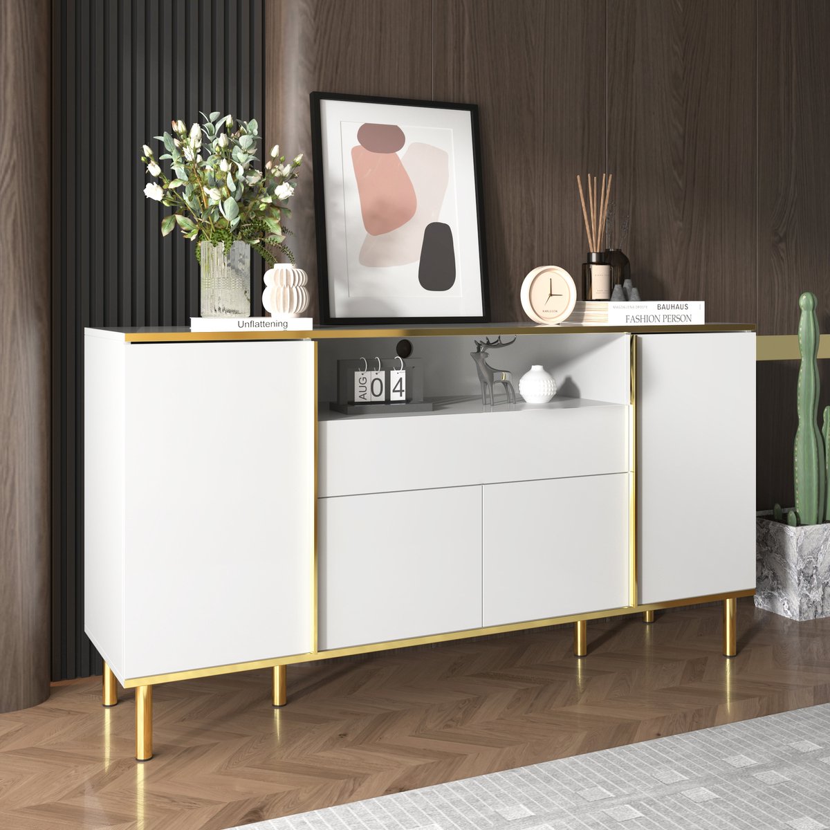 OKWISH Dressoir – Hoogglans – 4 Deuren – 1 Lade – Met LED-verlichting – Elegante Stijl Met Goudaccenten – MDF Wit – 150x40x80 cm