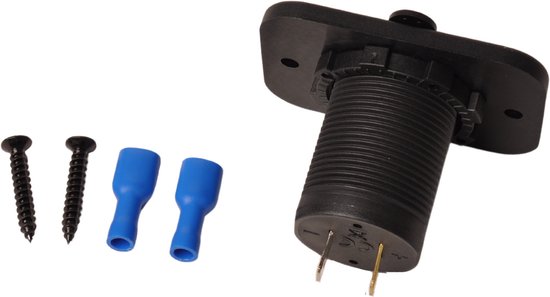 Zwarte USB-inbouwdoos achterkant met twee pennen, met schroeven en blauwe connectoren.