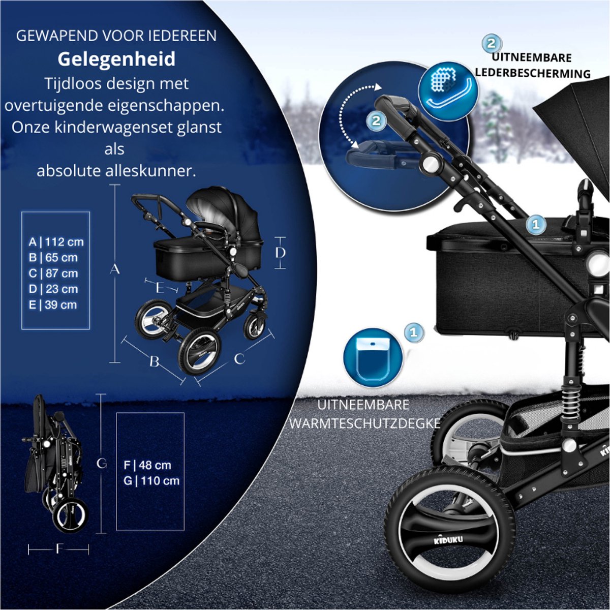 Buggy-Kinderwagen 3 in 1-kinderwagens Complete Set -One -Click Opvouwbare Kinderwagen-Kinderwagen Set voor Baby's Pasgeborenen XXL Set-(Zwart / Goud). – foto 4