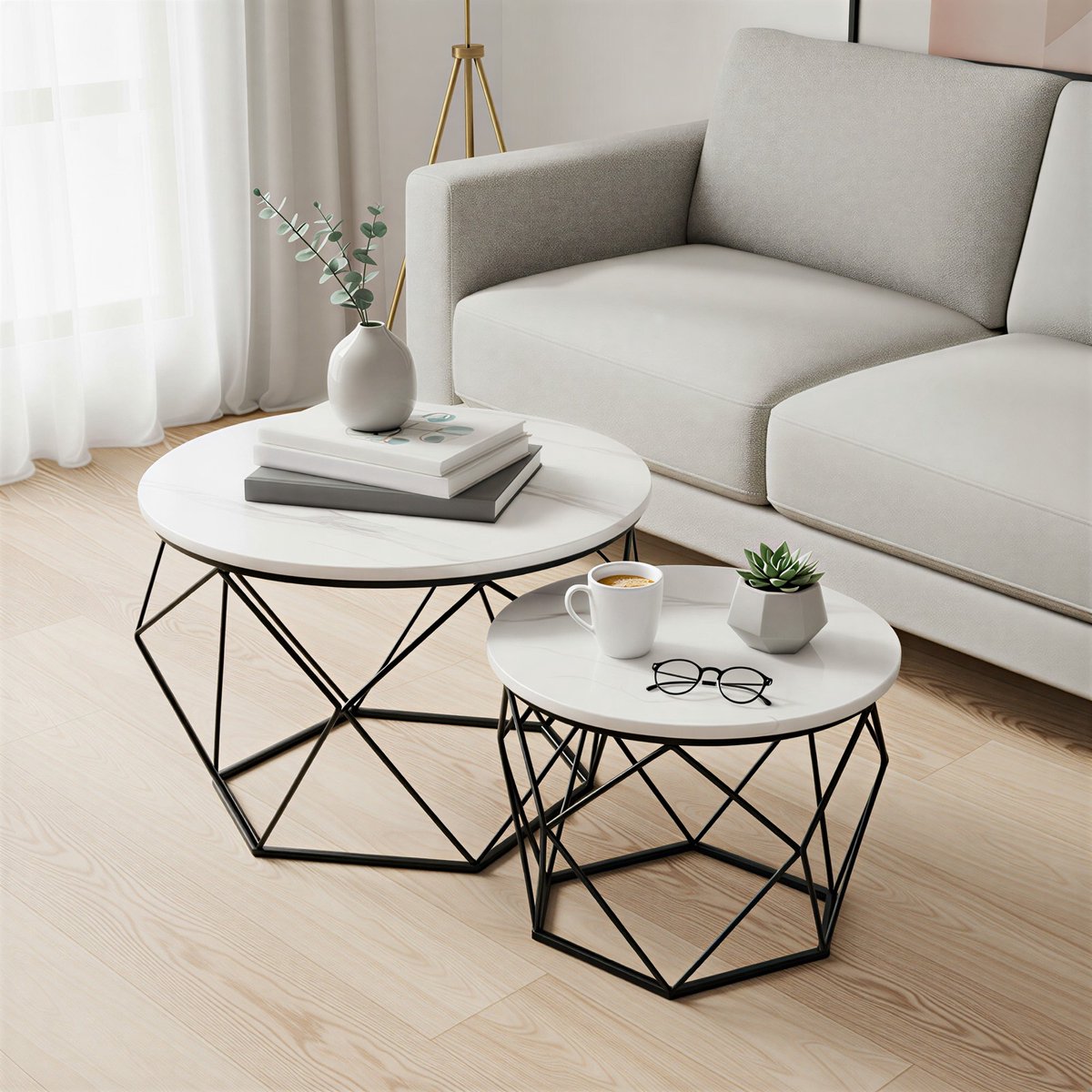 Ronde salontafel set van twee – Moderne stijl – 60 x 60 x 45 cm – Wit-zwart