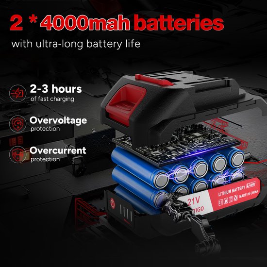 Close-up van een 21V OUTIGO lithium-ion batterijpakket met 4000 mAh capaciteit, met weergave van de interne cellen en beveiligingscircuits.