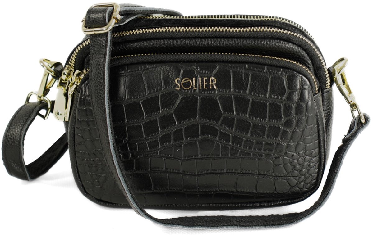 Solier FL59 AMORIA crossbodytas dames – kleine leren schoudertas met rits – zwart