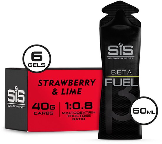 Doos met 6 SIS Beta Fuel Strawberry & Lime gels, 40g koolhydraten, 60ml.