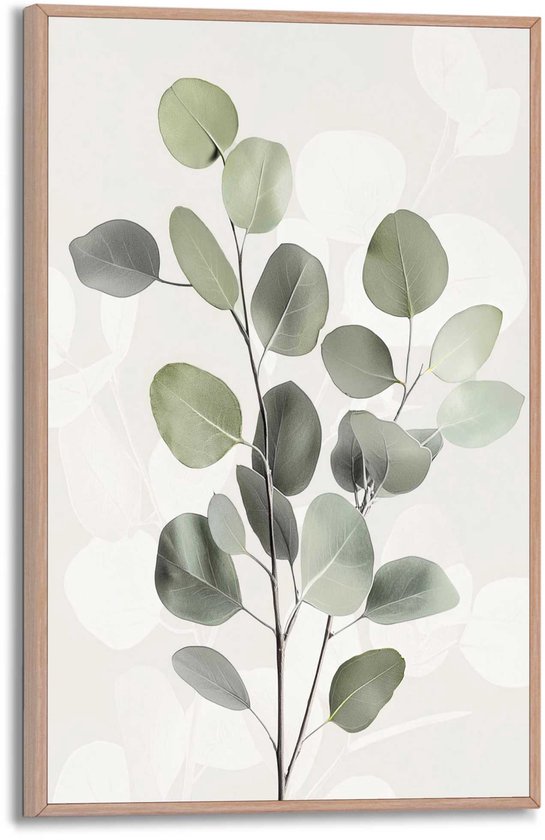Cadre en bois de couleur claire avec un imprimé de feuilles d'eucalyptus.