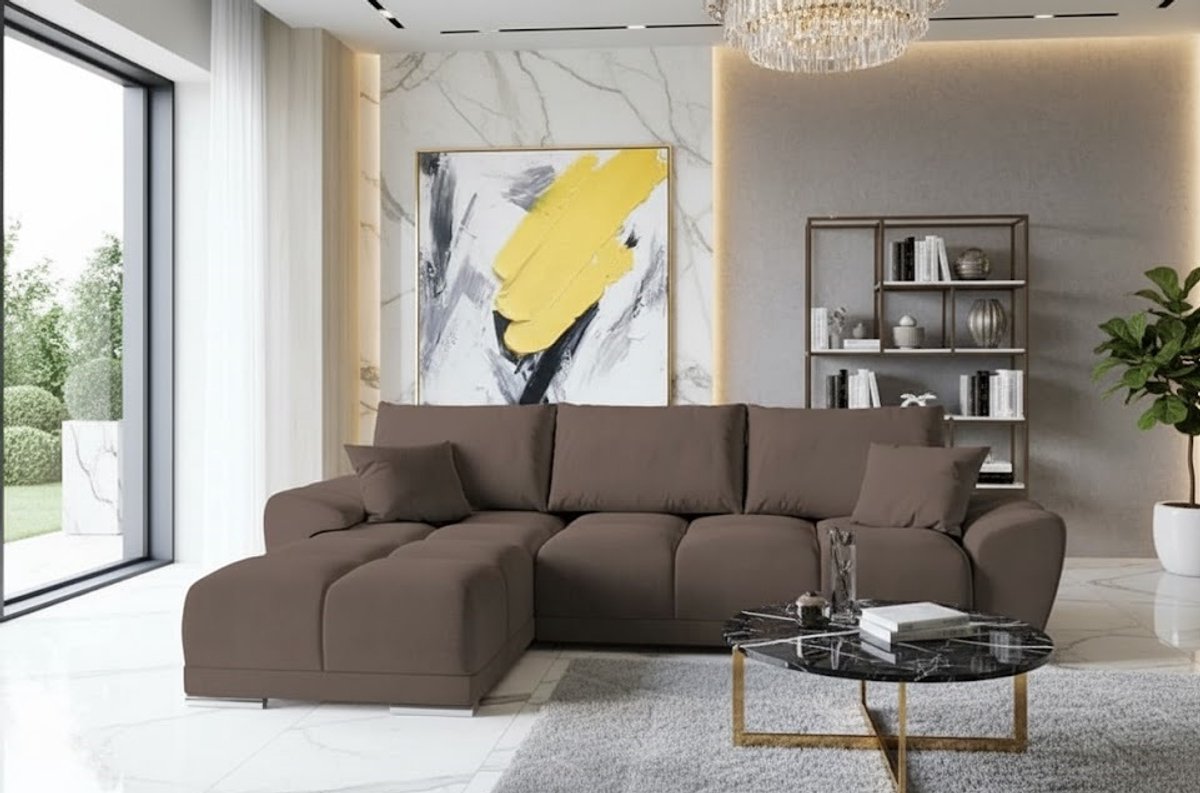 Hoekbank Slaapbank met Opbergruimte L-Vorm 289x189cm – Luxe Fluwelen Hoekbank met Bedfunctie & Inclusief Kussens – Comfortabele Uittrekbare Slaapbank – Universeel Plaatsbaar – Bruin – Novihome