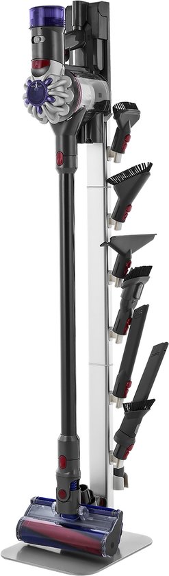 Zilveren stofzuigerstandaard met een Dyson stofzuiger en zeven opzetstukken.