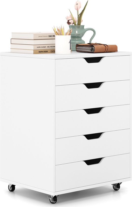 Wit archiefkast met vijf laden, met boeken en een plant op de bovenkant, op wieltjes.