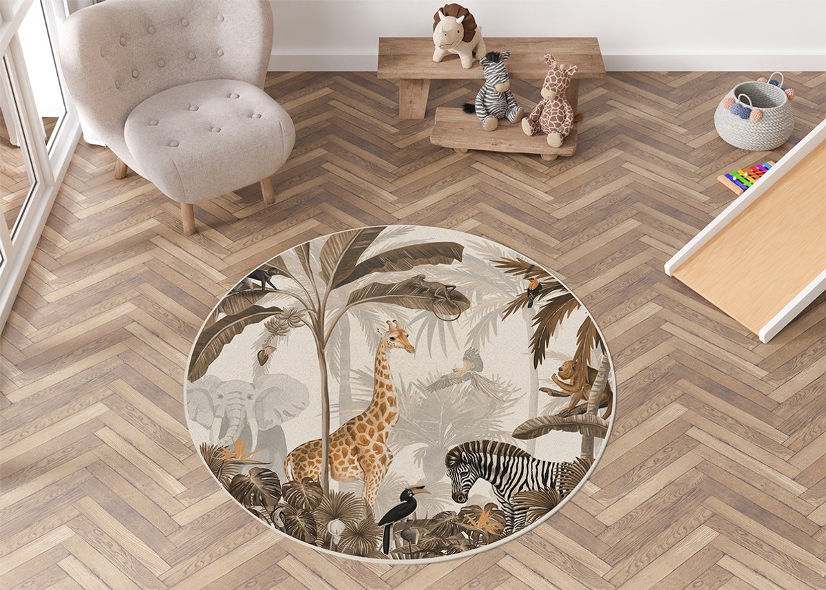 Vloerkleed Jungle Jive Kikki Belle-kinderkamer-jungle-giraf-olifant-zebra-aap-kinderkmaeraccessoires-stoffen kleed-rond-100cm
