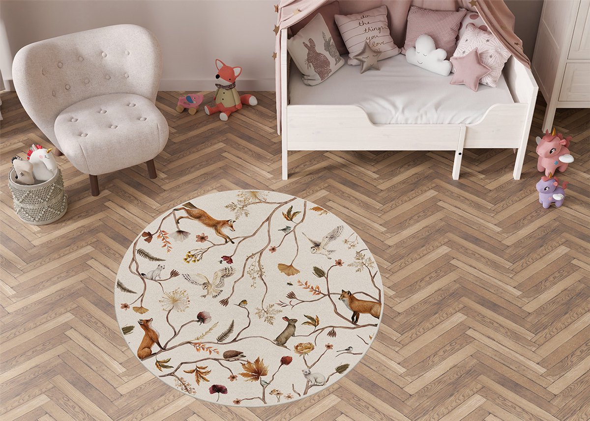 Vloerkleed Playful Forest Kikki Belle-kinderkamer-vosje-konijn-uil-kinderkameraccessoires-stoffen kleed-rond-100cm