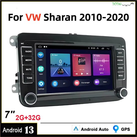 7inch Android 13 Auto Radio for VW Sharan 2010-2020 | 2+32G GPS Navigatie Head Unit met Draadloos CarPlay/Android Auto, Bluetooth, WiFi, FM + Achteruitrijcamera