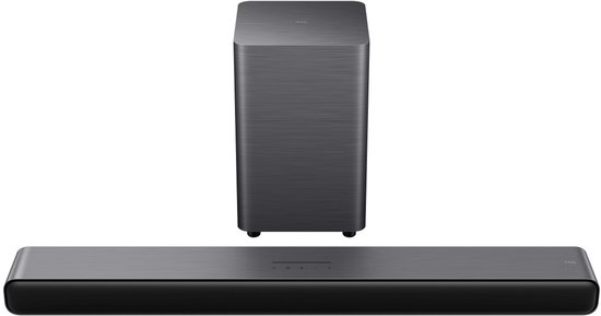Donkergrijze soundbar en bijpassende subwoofer op witte achtergrond.