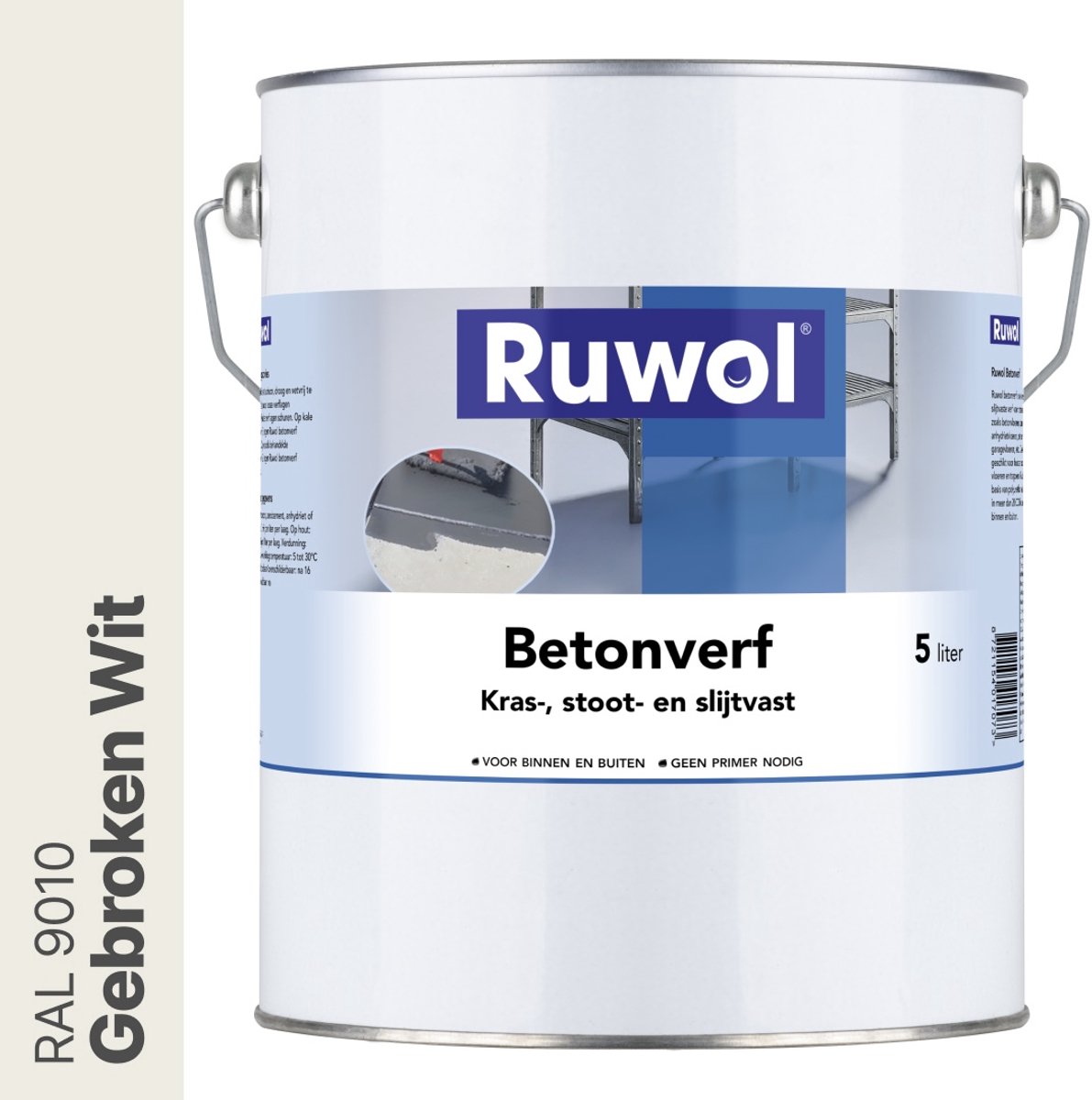 Ruwol Betonverf Gebroken Wit (RAL 9010) 5 liter - Voor binnen en buiten - Alle kleuren - Kras-, stoot- en slijtvaste verf voor beton en steen - Betonverf voor buiten