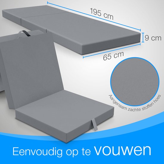 Grijze opvouwbare matras, maten 65x195x9 cm. Met indicatie zachte stof.