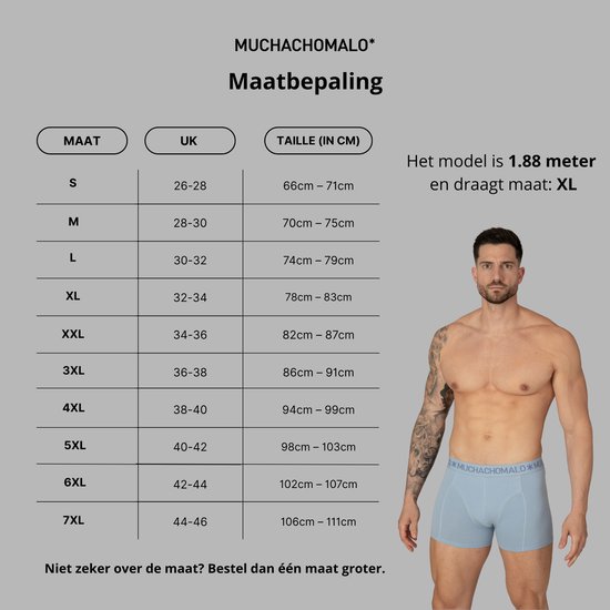 Man met tatoeages, draagt een lichtblauwe Muchachomalo boxershort. Maattabel voor Muchachomalo boxershorts.