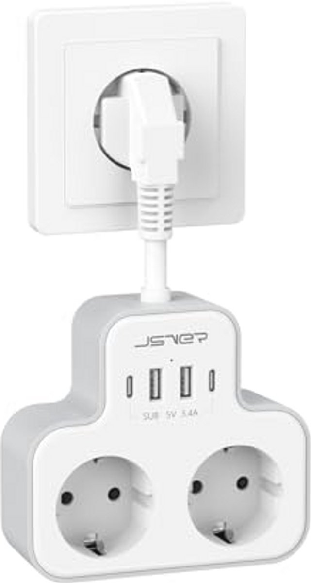 Dual Power Strip met USB-C en USB-A Poorten - Wandmontage en Flexibele Kabel