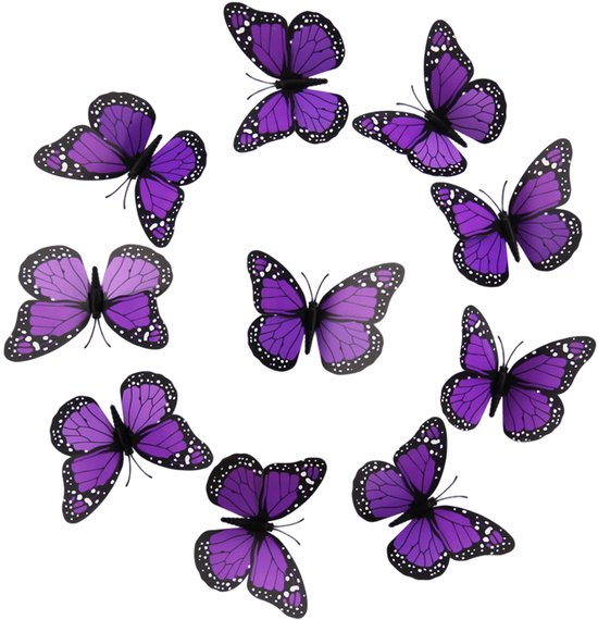 QTTVBTNA - 10 Stuks Vlinder Magneten - 3D Monarch Vlinders voor Koelkast en Muur - Lichtgewicht Decoratie voor Feest en Verjaardag - Kleurrijke Wandstickers voor Huisdecoratie - Paars
