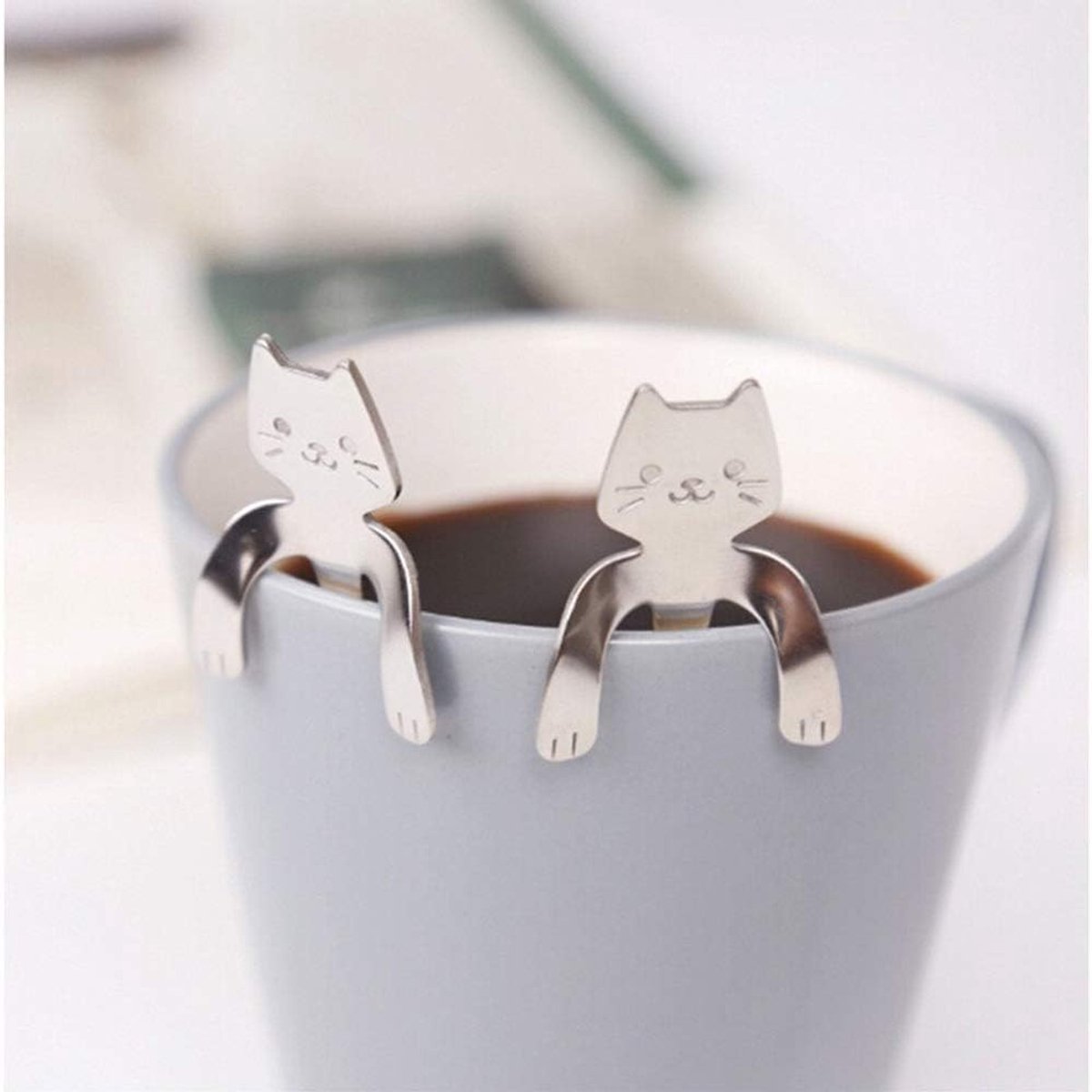 Sander Shop Set van 4 koffielepels voor katten, roestvrij staal, hangende design, theelepel, dessertlepels voor water, thee, melk, koffie, dessert, dranken, milkshake, om op te hangen, beker, lepel, keuken,