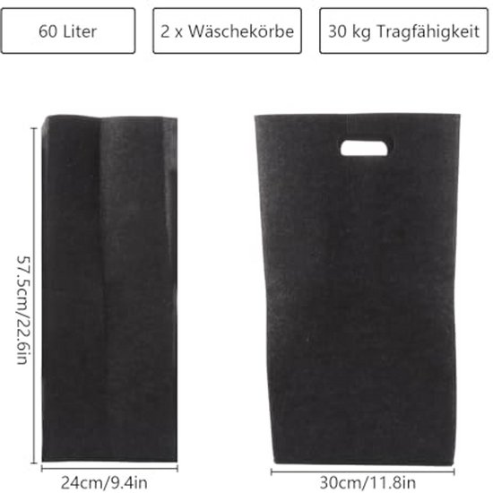 Vilt wasmanden 60 liter, opvouwbaar en duurzaam, set van 2, donkergrijs — afbeelding 5
