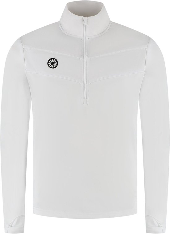 Witte coltrui met lange mouwen, halve rits, chevron-details en zwart logo op de borst.