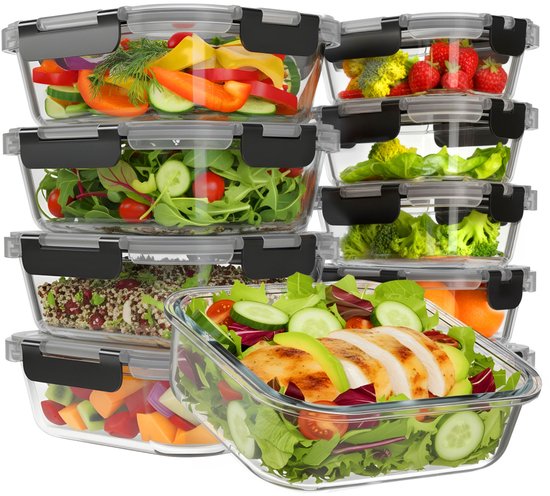 KitchenBrothers Meal Prep Bakjes - Vershoudbakjes Set - Luchtdicht - BPA Vrij - 1L en 370ml - Glas - 10 Stuks