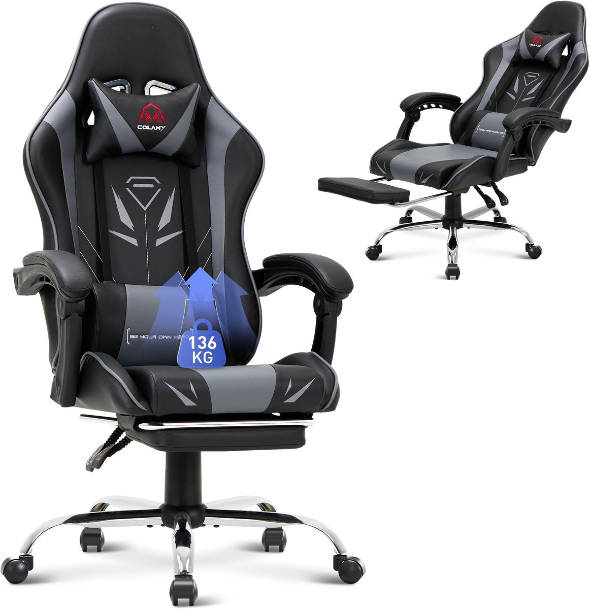 COLAMY - Ergonomische gamingstoel - Bureaustoelen - voetsteun - maximaal draagvermogen 136 kg - grijs