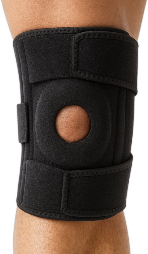 Zwarte kniebrace met klittenbandsluitingen, patella opening en verstevigende stiksels.