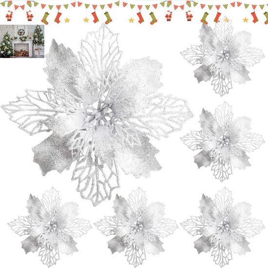 Six poinsettias de Noël artificiels blancs avec paillettes et motif ajouré, pour décorations de fête.