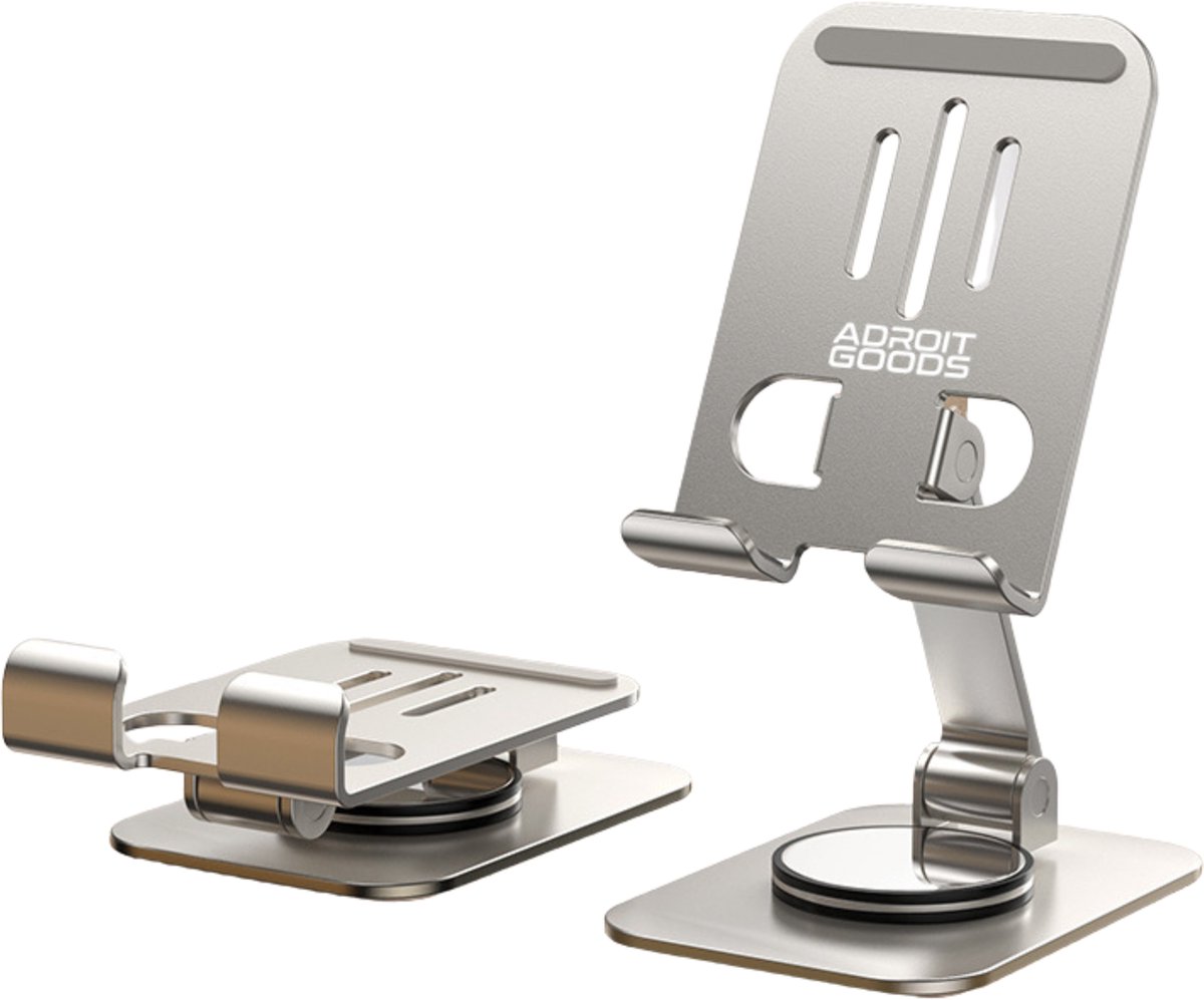 AdroitGoods Telefoonhouder Bureau Telefoonstandaard Aluminium Telefoon Standaard - Telefoon/Tablet Houder - 360° Draaibaar - Verstelbaar, Stabiel & Premium Design - Licht grijs
