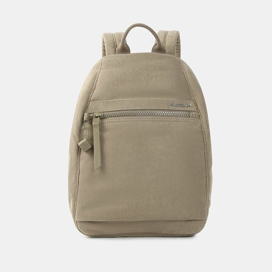 Beige ribfluwelen rugzak met Hedgren-logo op een ritsvak en verstelbare schouderbanden.
