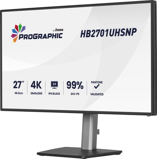 Een 27-inch 4K iiyama ProGraphic monitor met "99% DCI-P3 PANTONE VALIDATED" op het scherm.