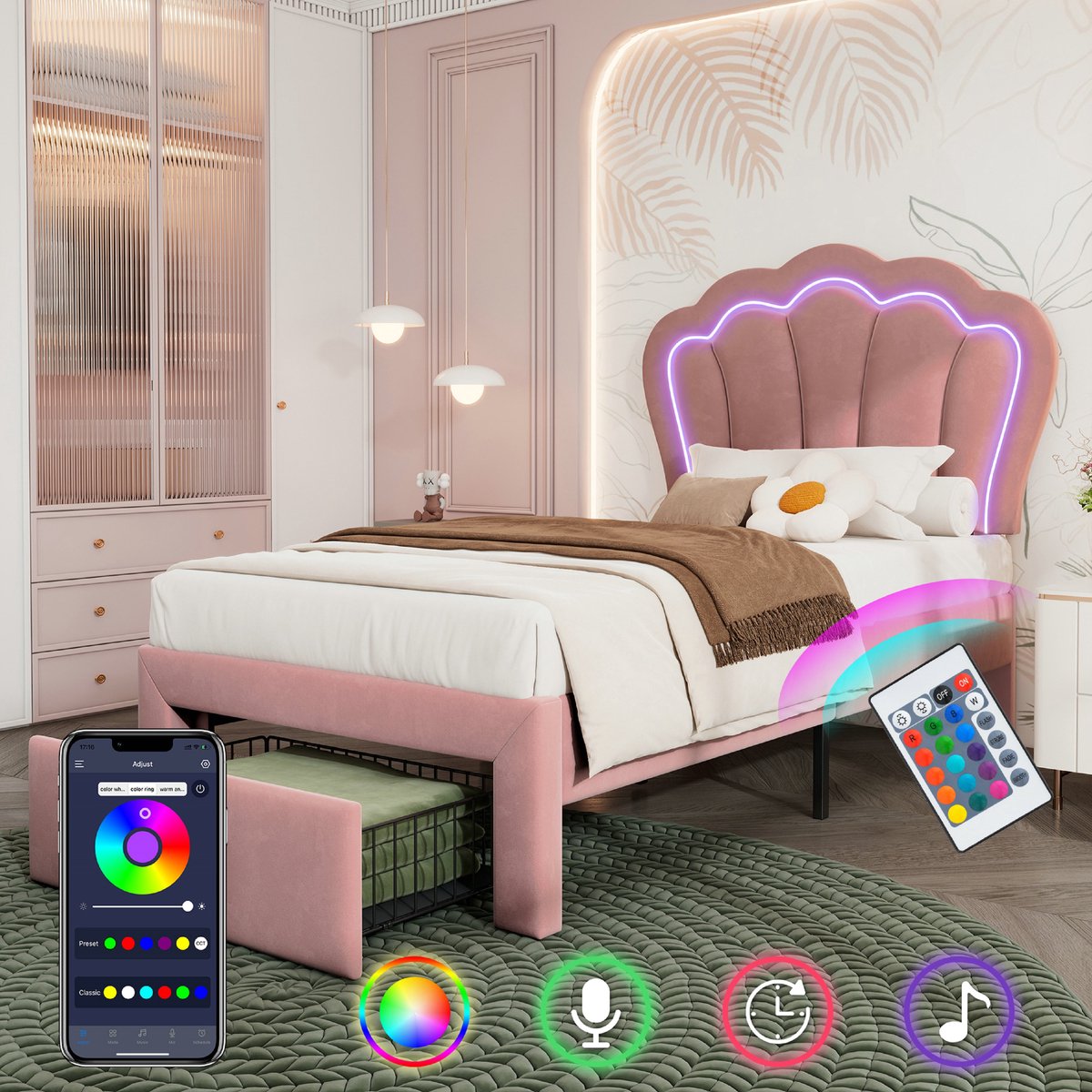 VVBV Kinderbed van 90x200 cm met lades en ledverlichting - gecapitonneerd bed met opbergruimte en verstelbaar hoofdeinde - in fluweel - roze Rose