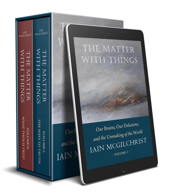 Boeken: The Matter With Things door Iain McGilchrist. Twee delen in rood en blauw, met tablet met dezelfde titel.