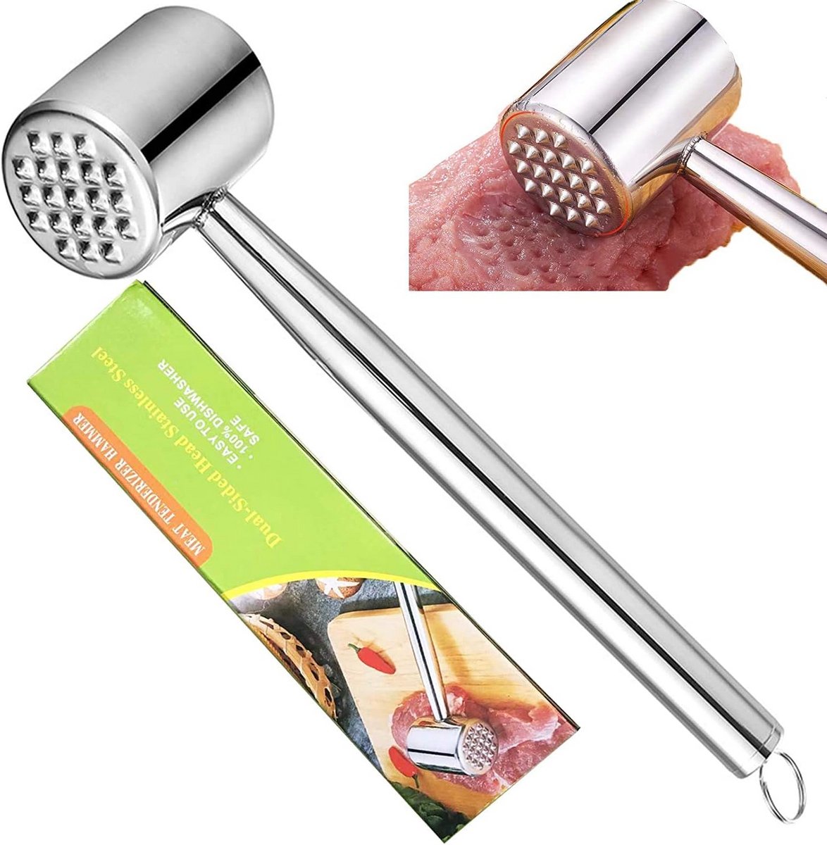 Vleesklopper roestvrij staal dubbelzijdig 304 - Vleeshamer met ruw en glad oppervlak - Ergonomisch handvat - Geschikt voor steak, kip, vis en varkensvlees - Lengte 26,5 cm - vaatwasmachinebestendig