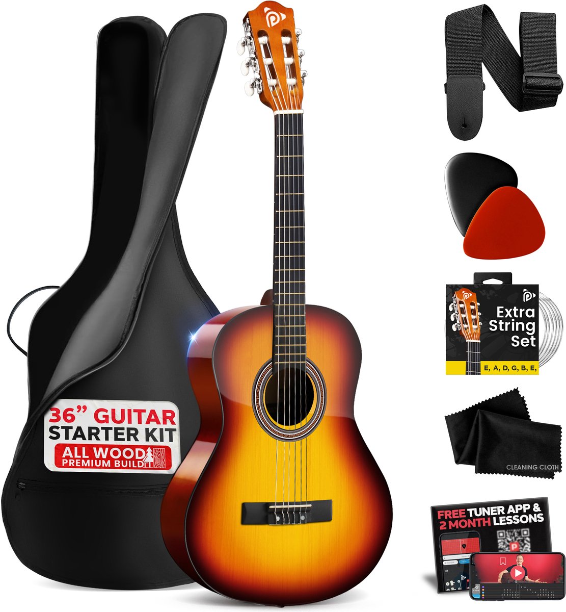 Pyle Akoestische Gitaarset, 3/4 Junior Maat, Houten Instrument met Volledig Accessoirepakket, 36" - Bruin