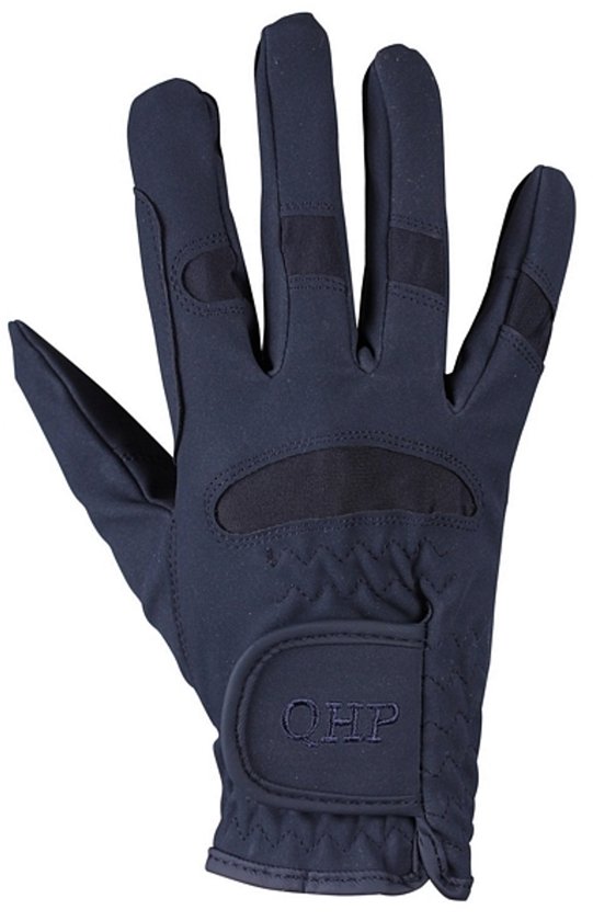 Gant d'équitation bleu marine avec renforts noirs sur la paume et les doigts. Logo QHP sur le bracelet.