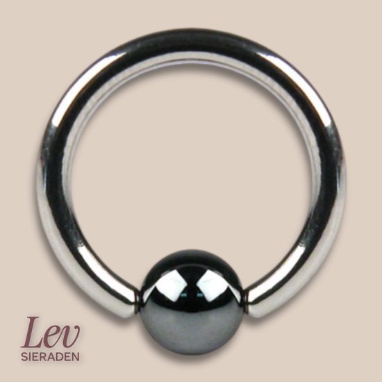 Lev Bijoux - Piercing anneau de fermeture à Ball en titane - 1,6 x 14 mm - Ring de fermeture à Ball avec bille en hématite - Anneau de piercing BCR - Piercing de téton - Piercing de septum - Piercing de nez - Pierre d'hématite