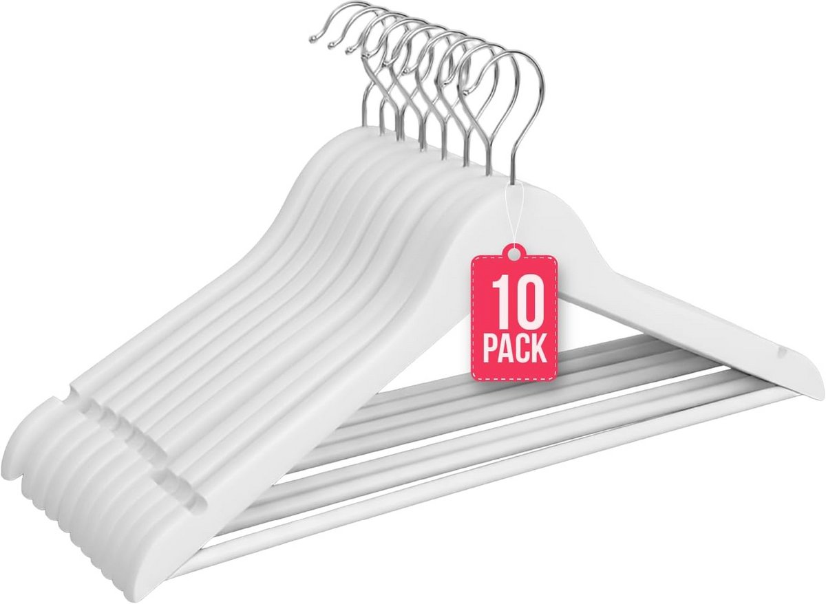 Houten Kleerhangers Set van 10 - Massief Hout - Draaibare Roestvrije Haak - WIT