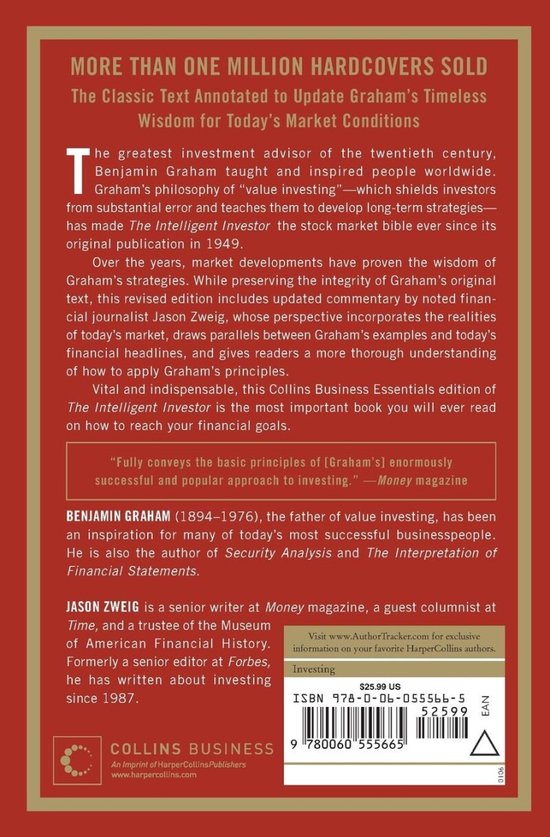 Achterkant van 'The Intelligent Investor' boek. Rode kaft met veel tekst over de inhoud en de auteur.