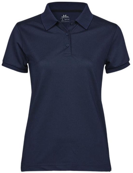 Polo bleu marine pour femme, manches courtes, col et boutons.