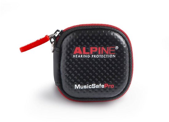 Alpine MusicSafe Pro opbergdoosje met rode rits en rode trekker.