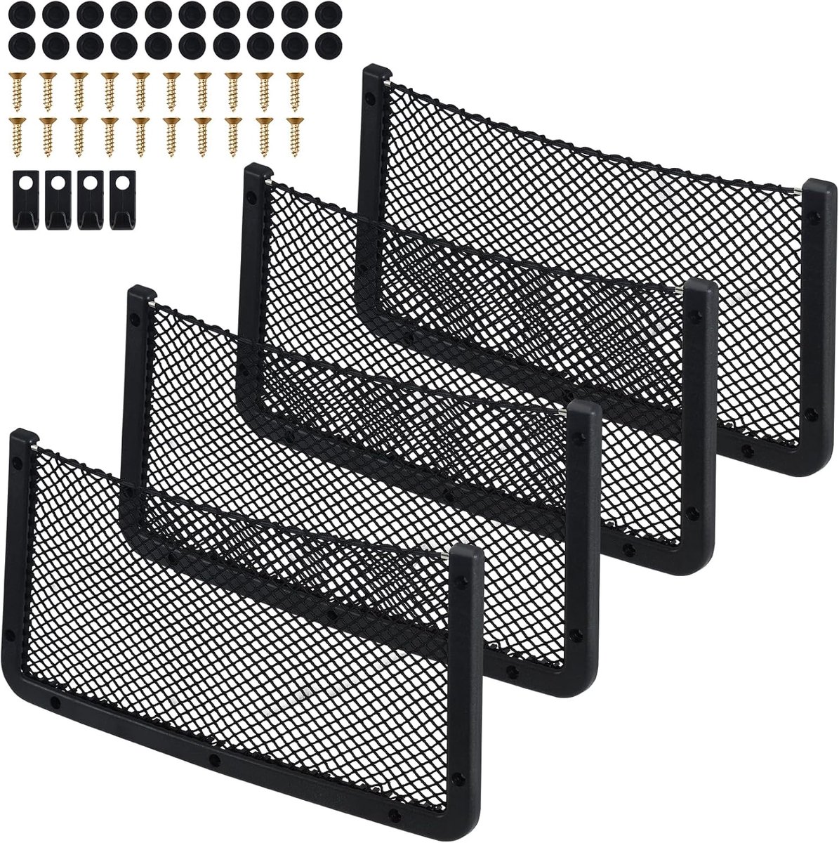 Famanu - Set van 4 auto-opbergnetten 42x21 cm, elastische bagagenetten – Zwart