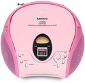 Roze Lenco draagbare stereo radio CD-speler met handvat omhoog.