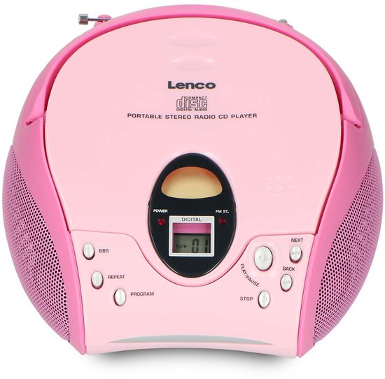 Roze Lenco draagbare stereo radio CD-speler met handvat omhoog.